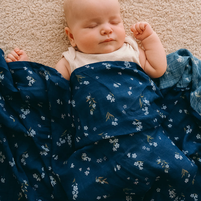 Forget-Me-Not Navy Organic Muslin Wrap Swaddle - LOW STOCK