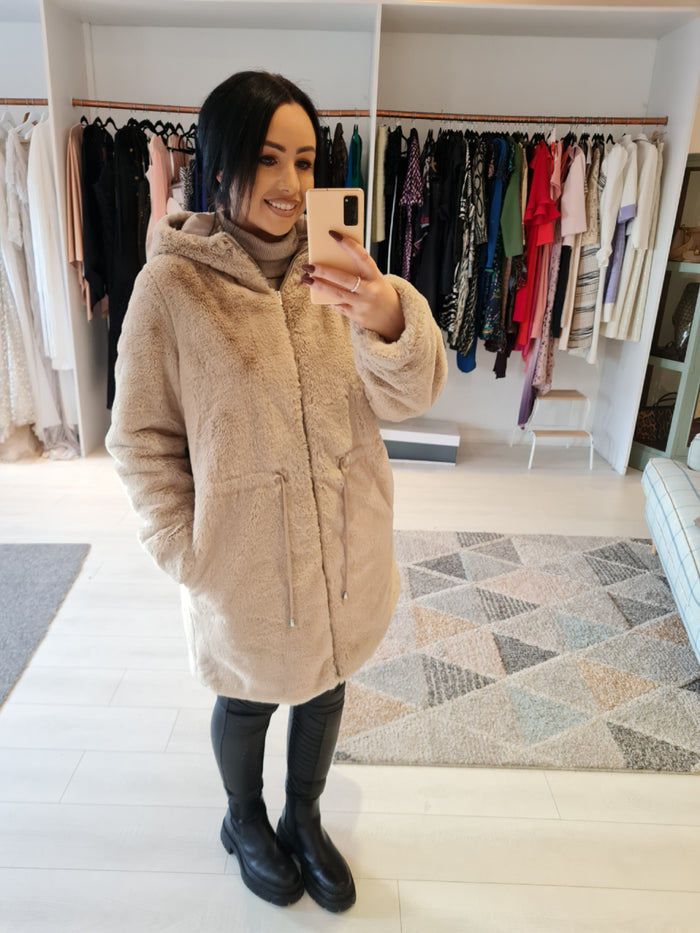 M&S Cream Faux fur Hooded Coat 14