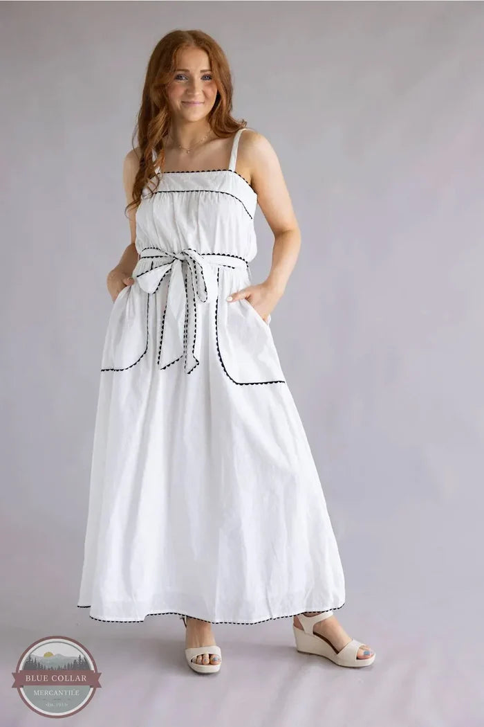 Simply Southern 0126-DRS-RICRAC-WHITE Contrast Ric Rac Tied Dress in White front view