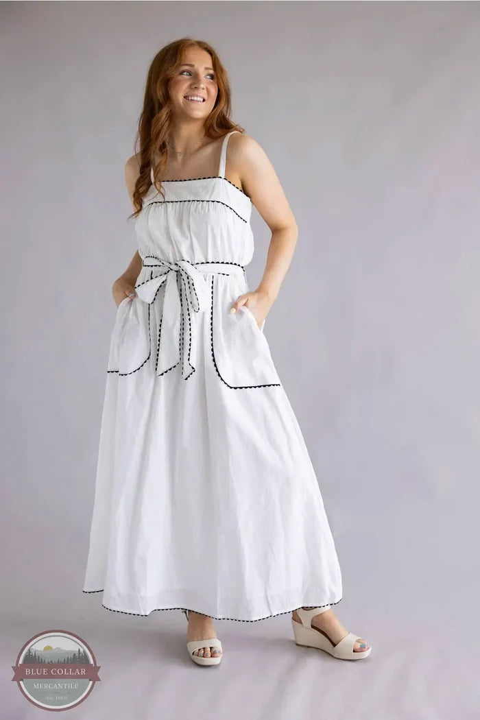 Simply Southern 0126-DRS-RICRAC-WHITE Contrast Ric Rac Tied Dress in White front pockets view
