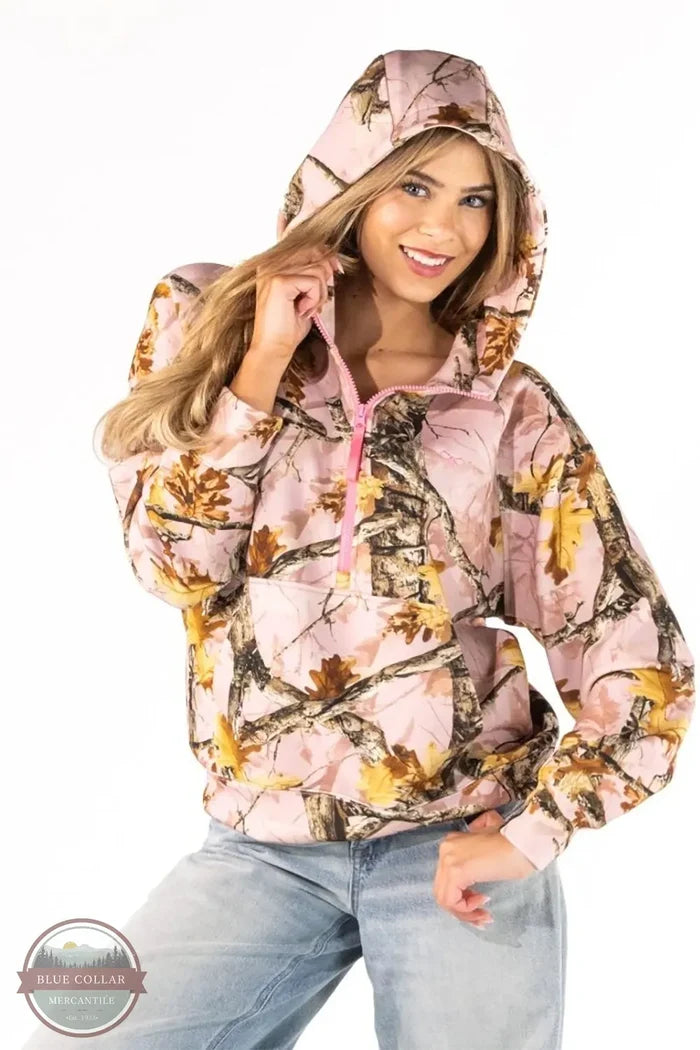 Simply Southern 0226-HD-ALARA-PKCAMO Pink Camo Half Zip Long Sleeve Hoodies shown on model