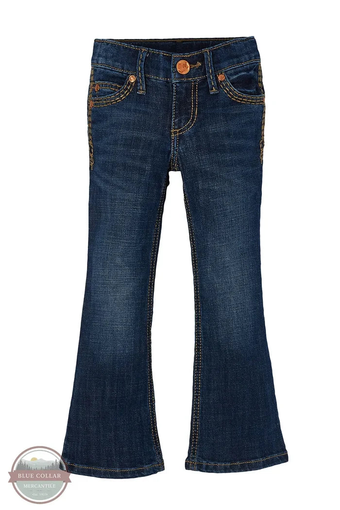 Pair of blue jeans on a white background front Wrangler 09MWGHS Girls Denver Retro Bootcut Jean