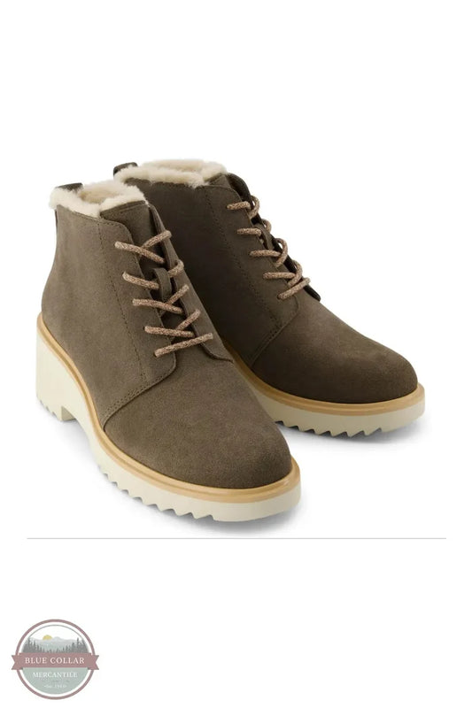 TOMS 10021332 Maude Wedge Lace-Up Boot in Canteen Green Suede with Faux Fur pair view
