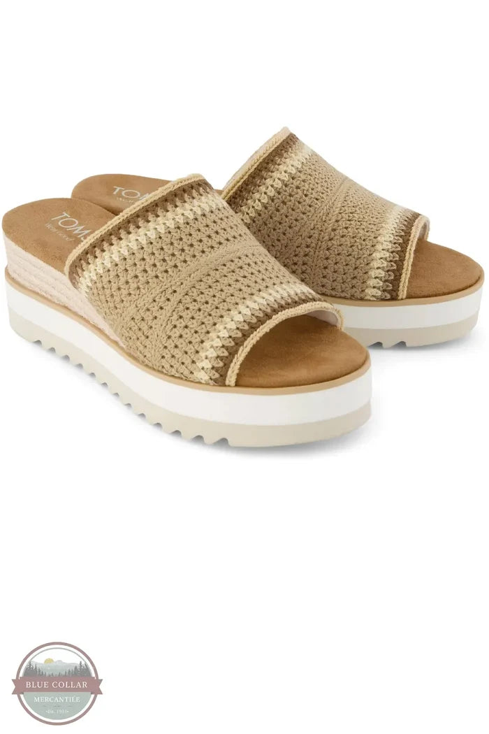 TOMS 10023079 Diana Wedge Mule Sandal in Almond Crochet 3/4 view of pair