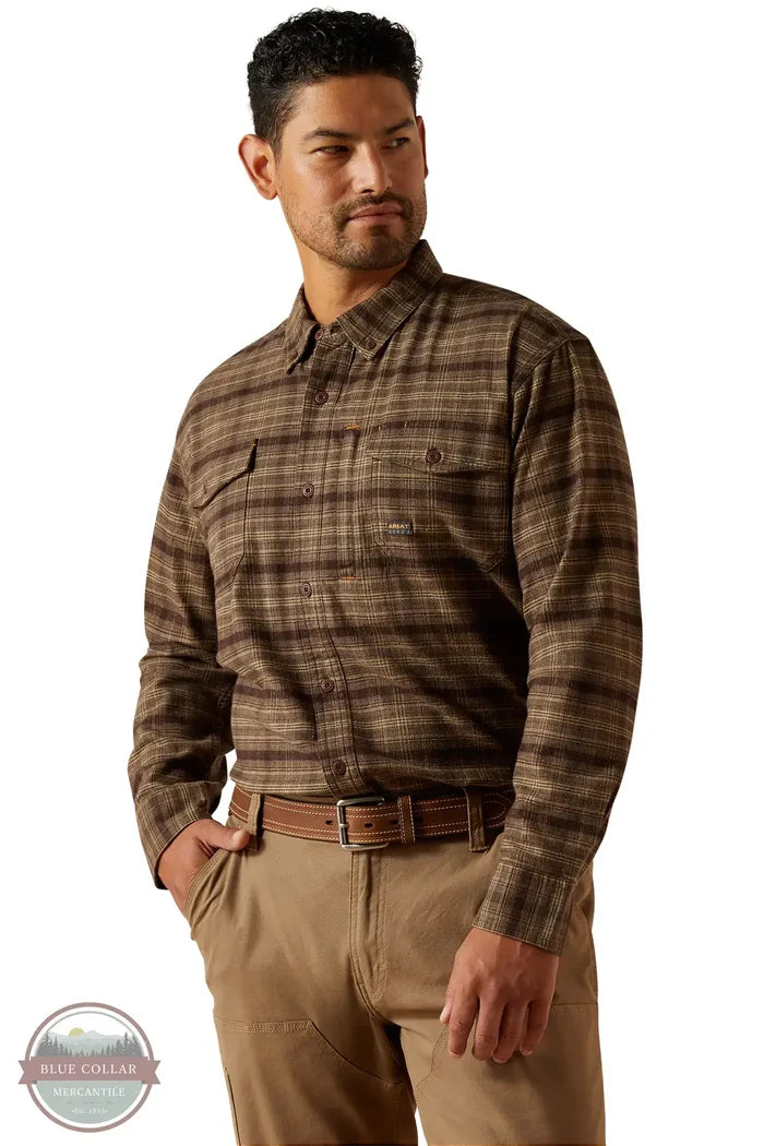 Ariat 10062531 Rebar Flannel DuraStretch Plaid Long Sleeve Shirt in Brown, front