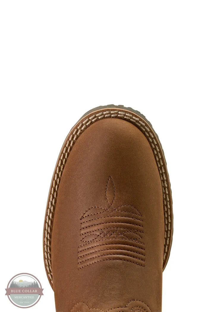 Brown boot with embossed design on a white background Ariat 10063901 Hybrid Ranchward W Toe Western Boot