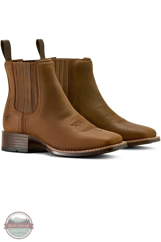 Pair of brown leather ankle boots on a white background Ariat 10063973 Booker Chelsea Wide Square Toe Western Boot