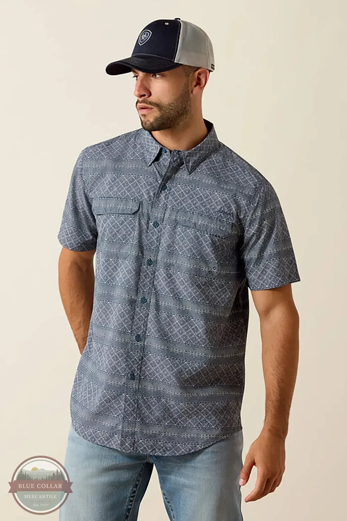 Ariat Men's Printed VentTEK Outbound Fitted Shirt in Dark Denim front view
