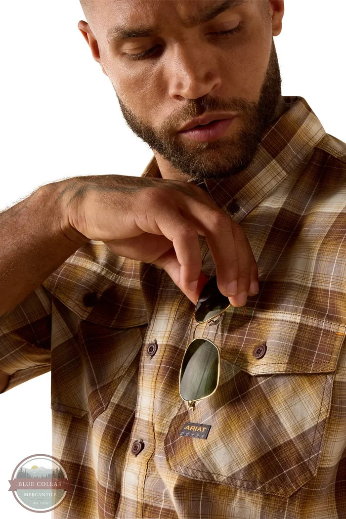 Ariat 10071549 Rebar Made Tough DuraStretch Work Shirt in Wood Thrush Brown front pocket view
