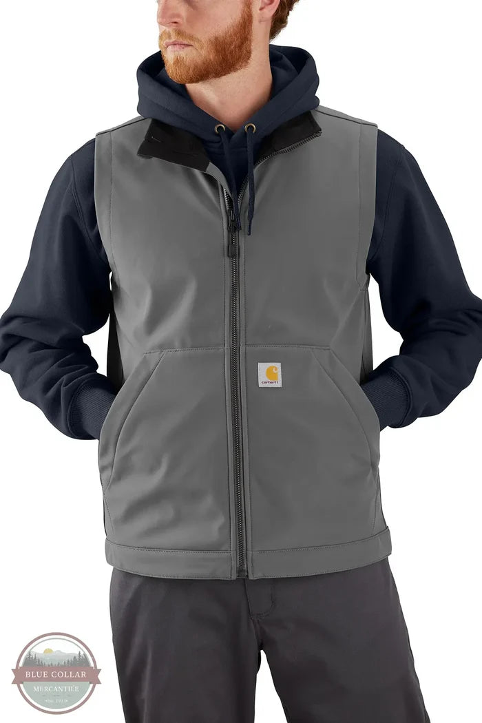 Carhartt 106439-STL "Galesburg" Rain Defender Relaxed Fit Softshell Vest in Steel Grey Front shown on model
