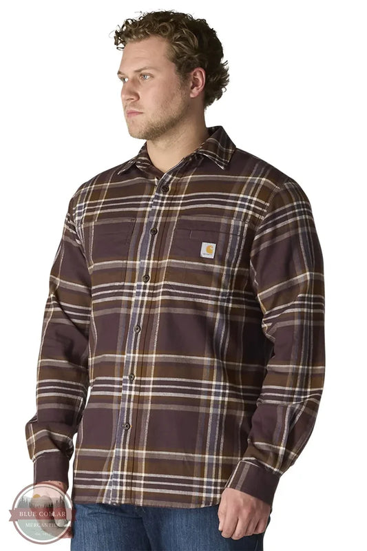Carhartt 107010-BB3 Rugged Flex Relaxed Fit Midweight Flannel Long-Sleeve Plaid Shirt in Dark Sepia