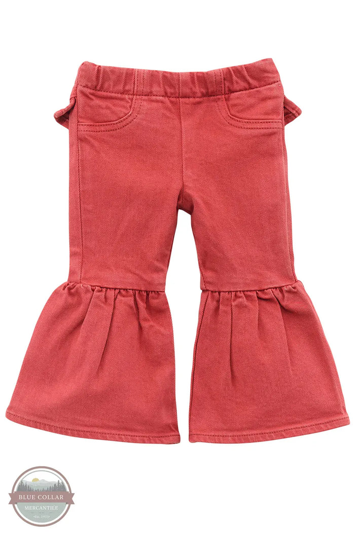 Red bell-bottom pants on a white background There’s no denying how cute your cowgirl will look in our Little Girl’s Vibrant Ruffle Leg Flare Jean. These flares are crafted from a soft cotton blend with a hint of stretch for extra comfort. They feature an elastic waist for easy changing, ruffles along the back for extra flair, and ruffled legs that will have her ready for the rodeo.

 Fit: Regular
 Waist: Elastic
 Leg: Flare front