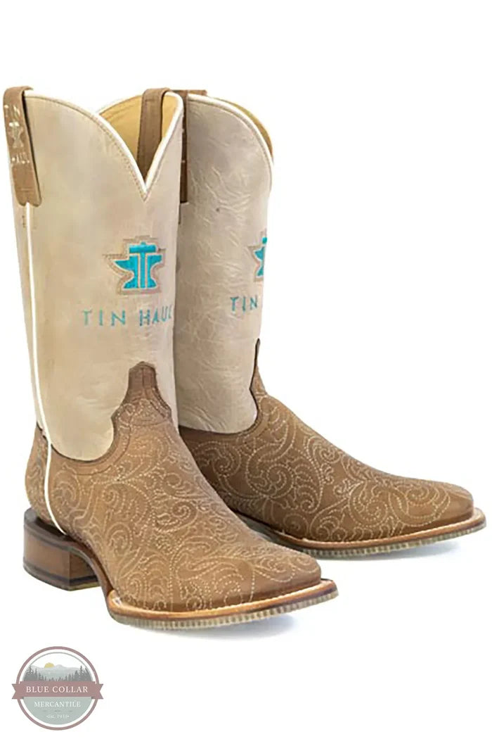 Tin Haul 14-021-0101-5108 BR Brown Scrollwork Detail Square Toe Western Boot With Floral Sole pair shown together