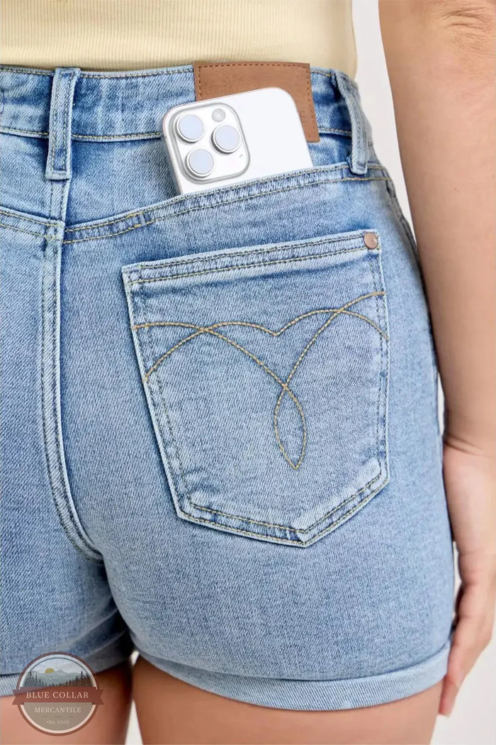 Judy Blue 152113REG High Waisted Slim Shorts w/ Cell Phone Back Pocket cell phone pocket detail shown
