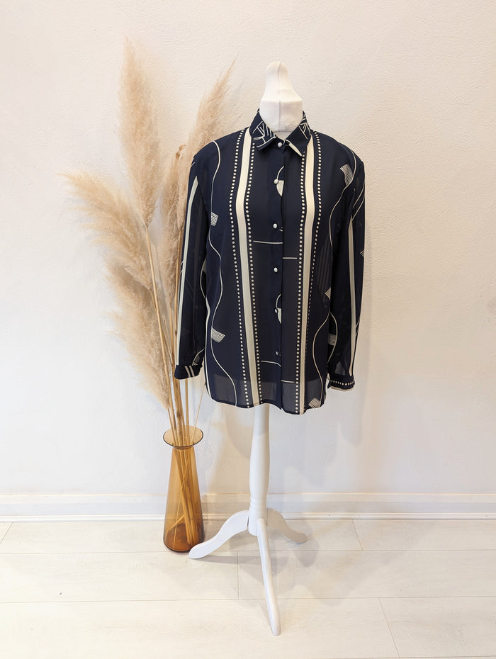 1980s Navy and White Blouse up to 16