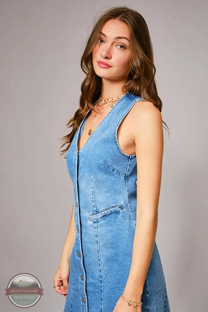 blueb. 23477D V-Neck Button Up Sleeveless Denim Mini Dress other side view