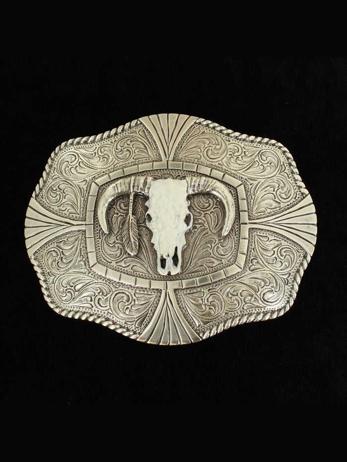 M & F 37403 Nocona Rectangle Rope Edge Skull Buckle in Silver Front View