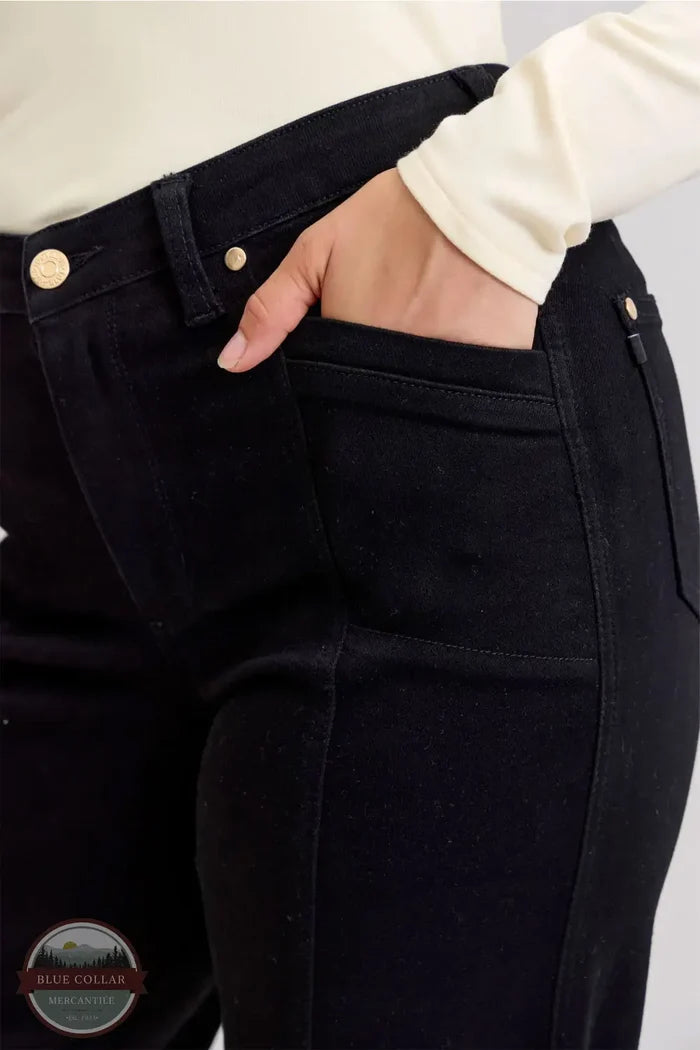 881057REG High Waisted Retro Wide Leg Jean in Black, front pocket