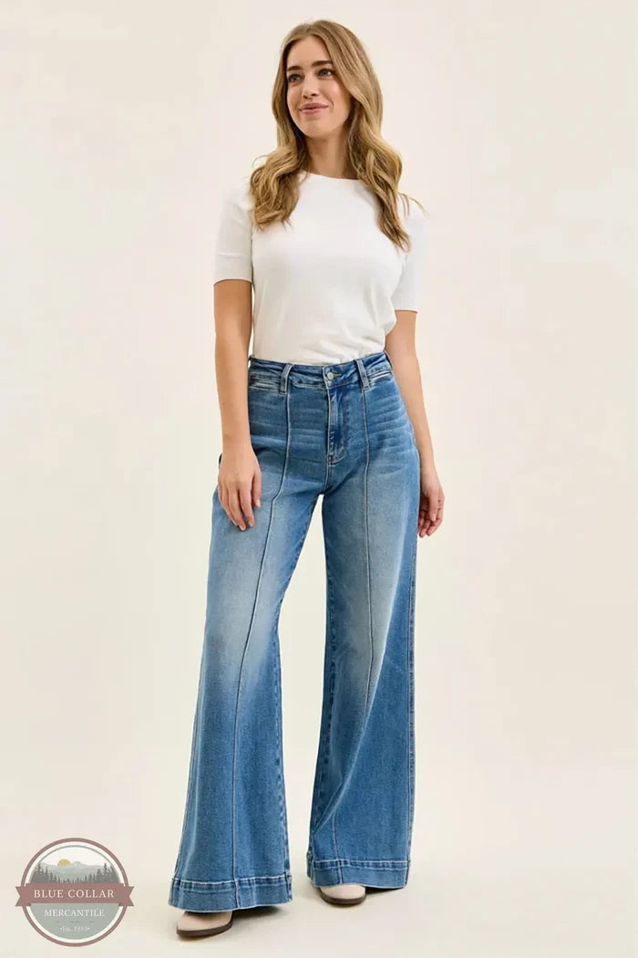 881160 Liza High Waisted Wide Leg Palazzo Medium Denim Jeans | Judy Blue full model image with front of jean