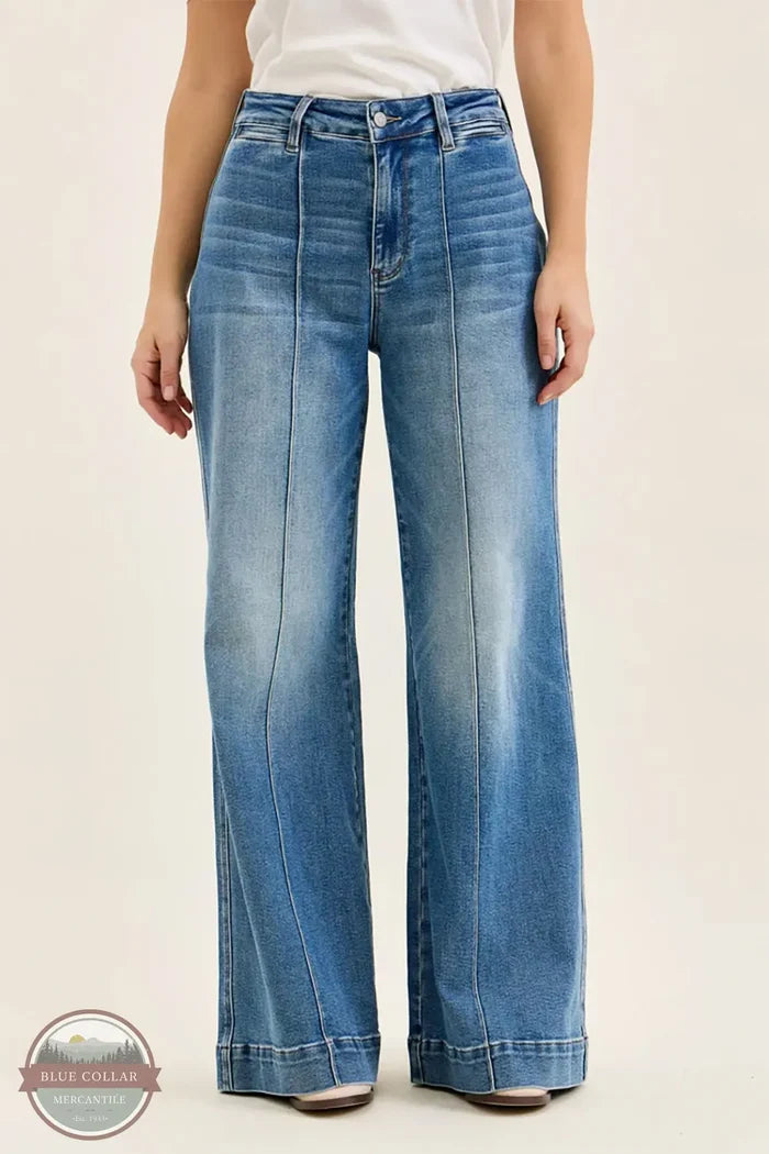 881160 Liza High Waisted Wide Leg Palazzo Medium Denim Jeans | Judy Blue front view of jean