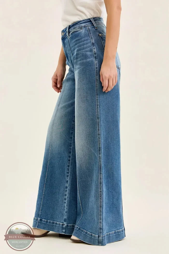 881160 Liza High Waisted Wide Leg Palazzo Medium Denim Jeans | Judy Blue side view of jean