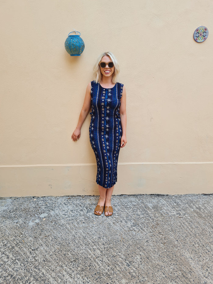 90s Sag Habour - blue print midi dress - sleeveless