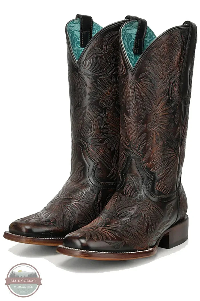 Corral A4848 - Women's Black Honey Floral Petal Embroidery Square Toe Cowboy Boots pair shown together
