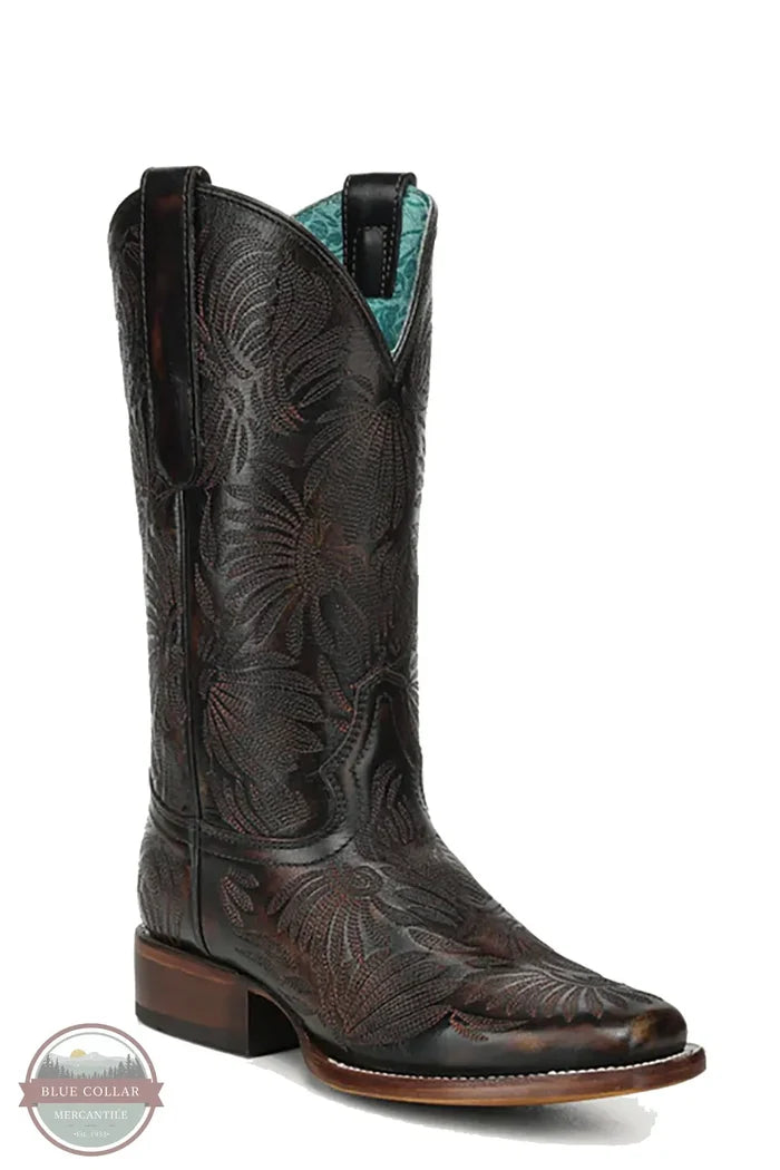 Corral A4848 - Women's Black Honey Floral Petal Embroidery Square Toe Cowboy Boots angled view