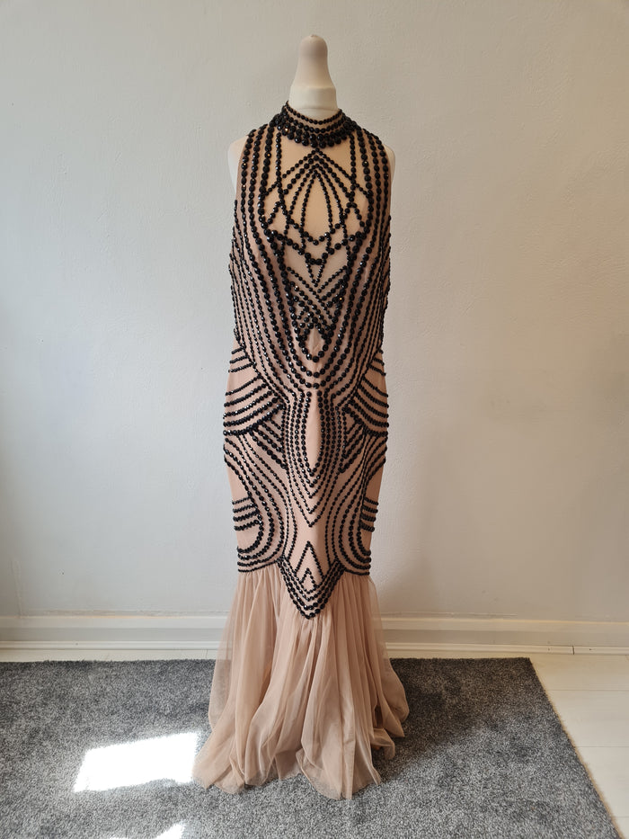 Alberto Makali Nude Black beaded Evening dress 12/14 New