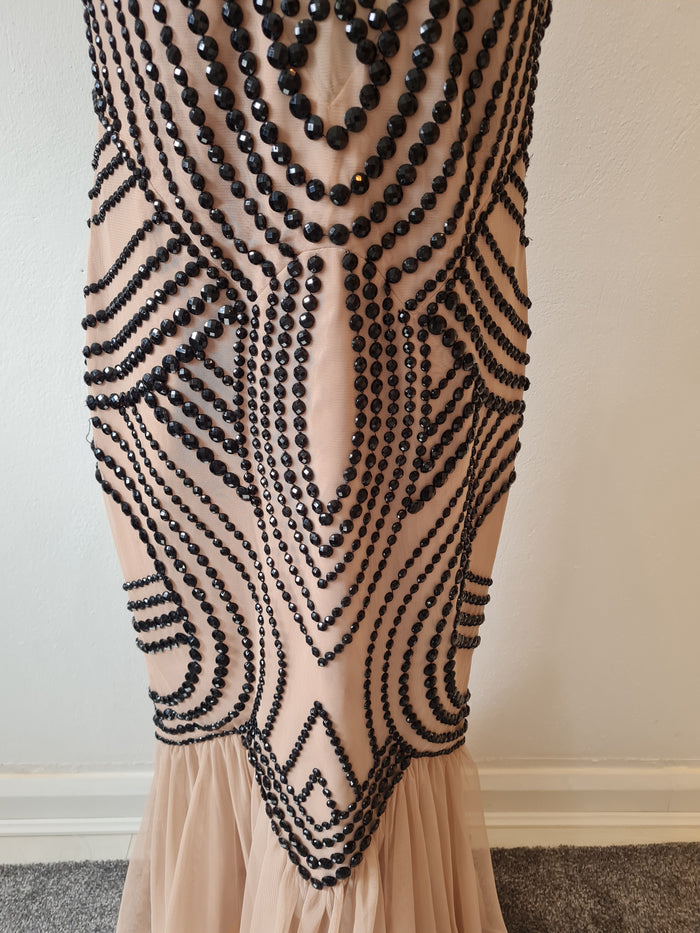 Alberto Makali Nude Black beaded Evening dress 12/14 New