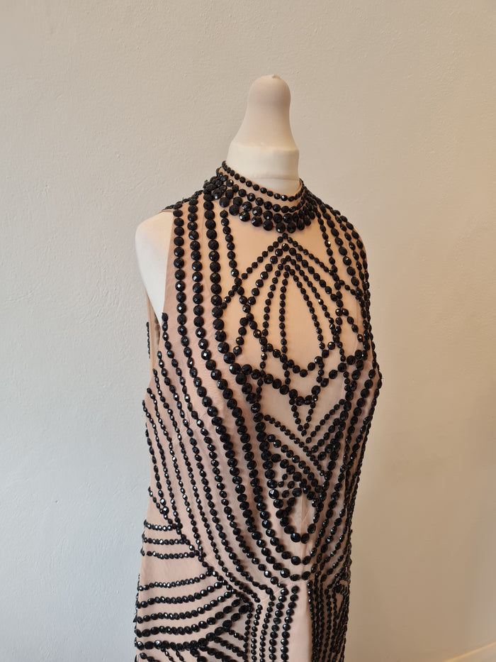 Alberto Makali Nude Black beaded Evening dress 12/14 New