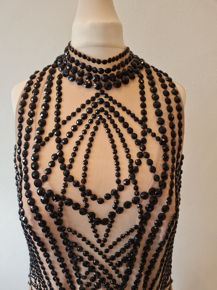 Alberto Makali Nude Black beaded Evening dress 12/14 New