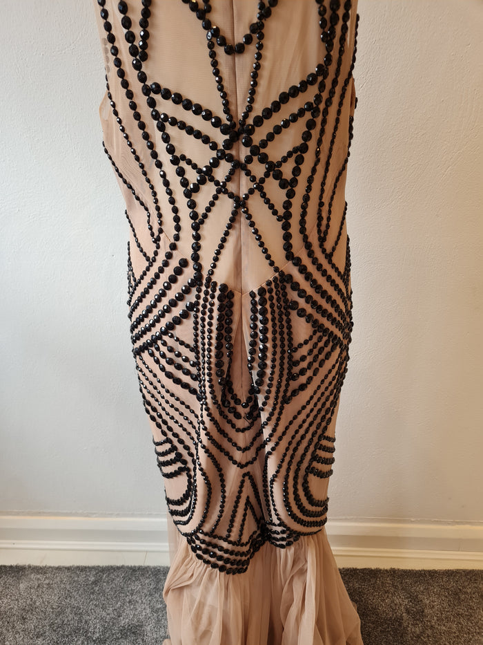 Alberto Makali Nude Black beaded Evening dress 12/14 New