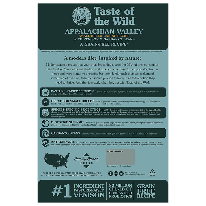 Back of Appalachian Valley Small Breed w/ Venison & Garbanzo Beans bag