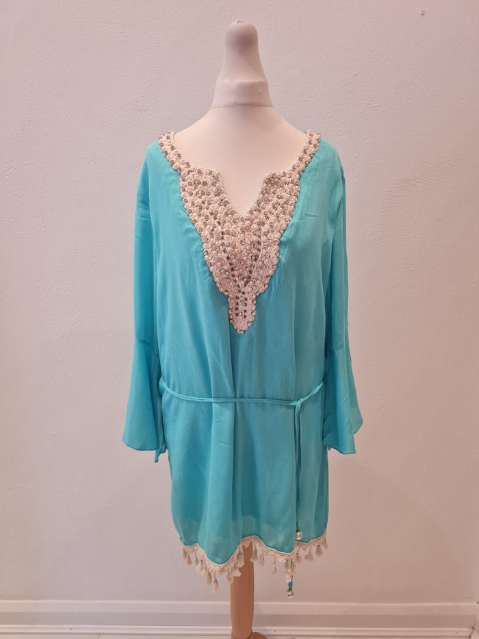 Azaka Turquoise Beaded Tunic  M/L