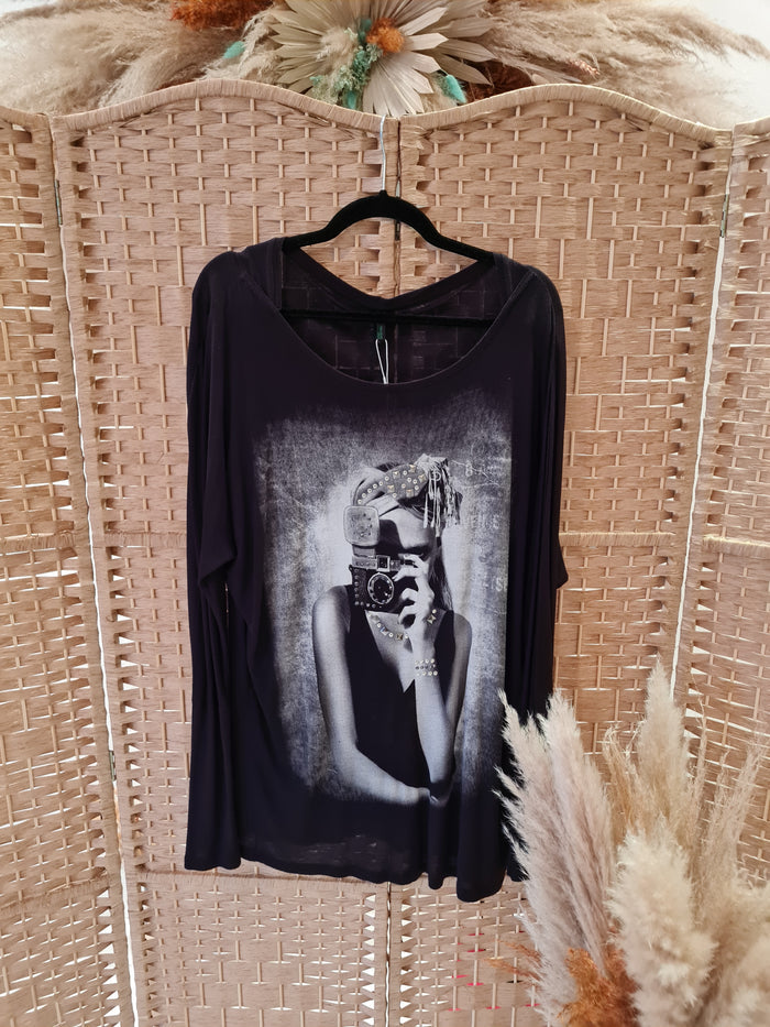 Benetton black camera print top M