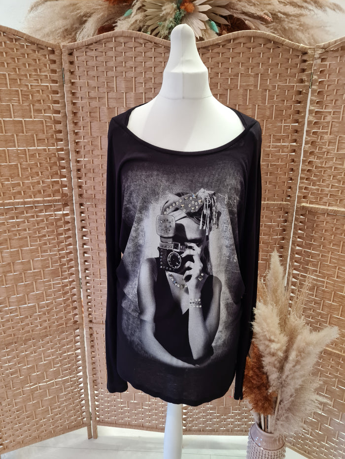 Benetton black camera print top M