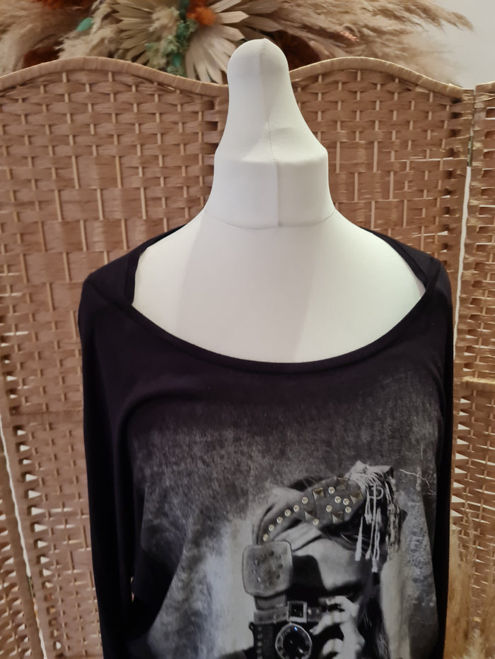Benetton black camera print top M