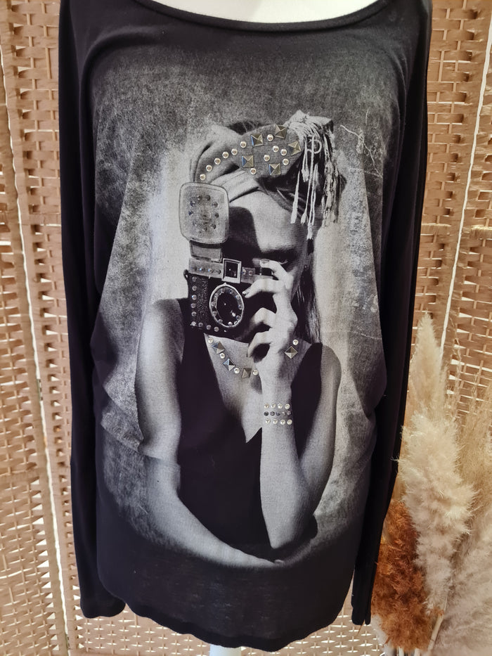 Benetton black camera print top M