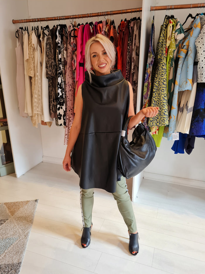 Black Pleather Funnel neck Top O/S