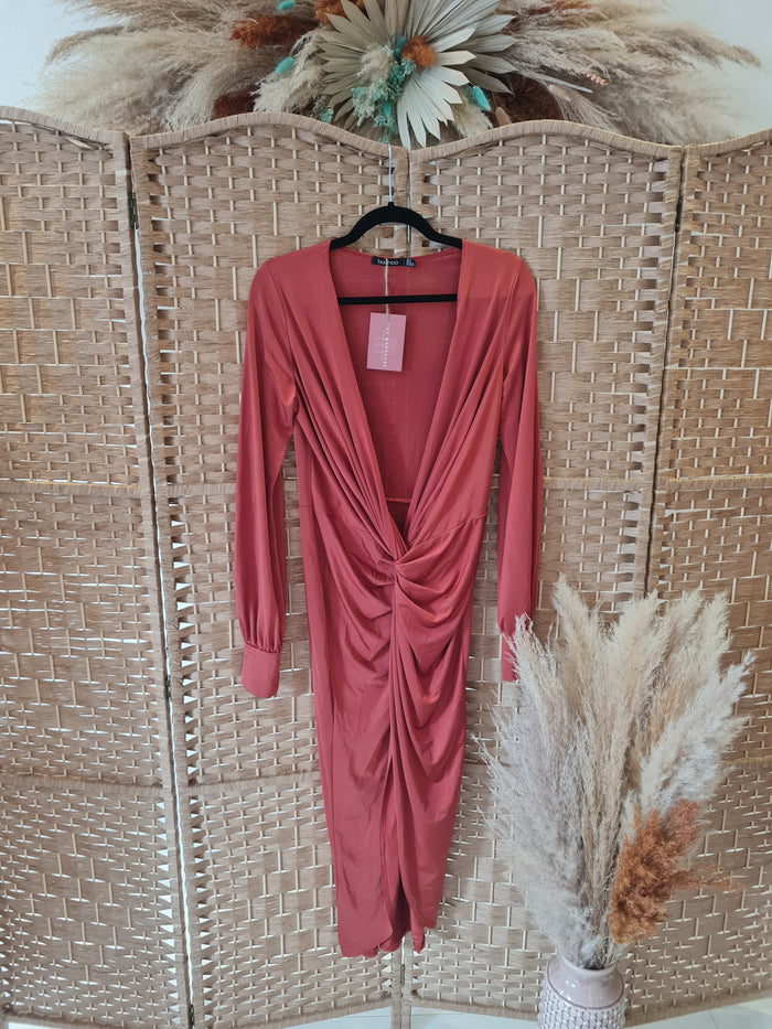 Boohoo Rust Plunge Dress Size 8