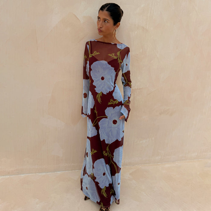 Burgundy and Blue Poppy Aria Dress in sheer mesh featuring a bold poppy print and long sleeves.