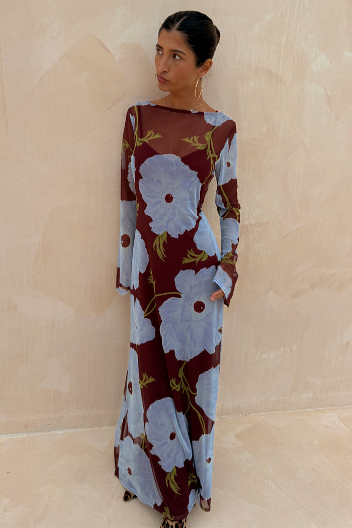 Burgundy & Blue Poppy Aria Dress in sheer mesh with a large floral print and long sleeves.