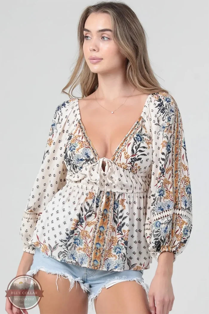 ANGIE V-Neck Floral Printed Lace Trim Blouse C2D02-A940 front view