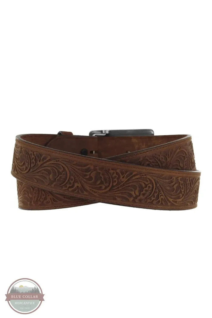 C50189 Filigree Embossed Leather Belt with Silver and Turquoise Buckle, rear