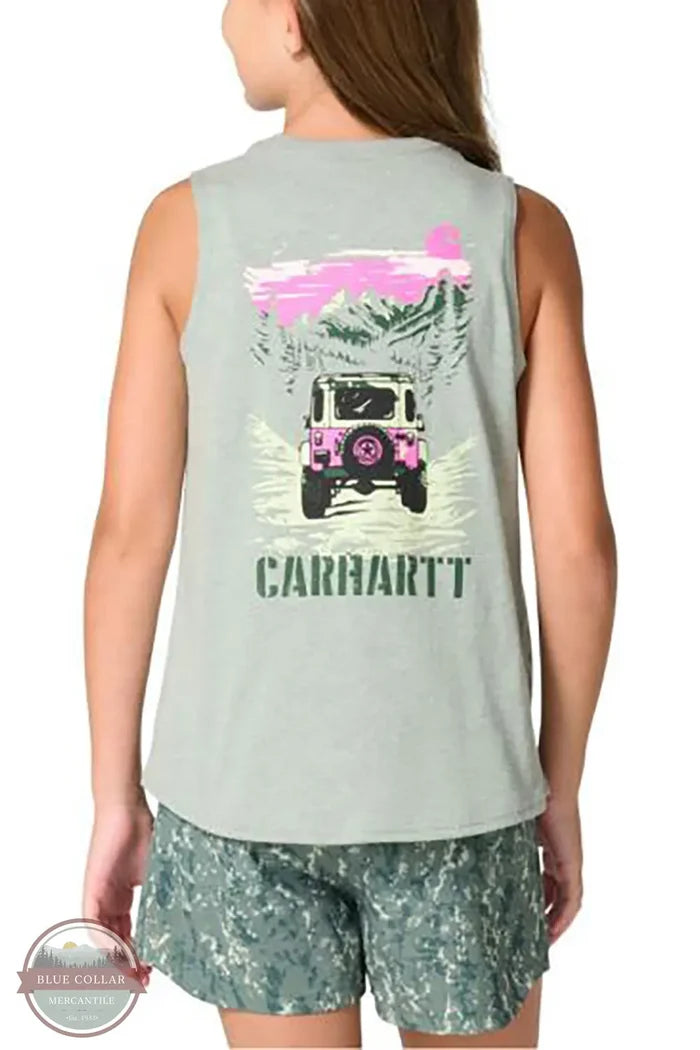 Carhartt CA7184-GN7H Girls Sleeveless SUV T-Shirt in Green back view with graphic