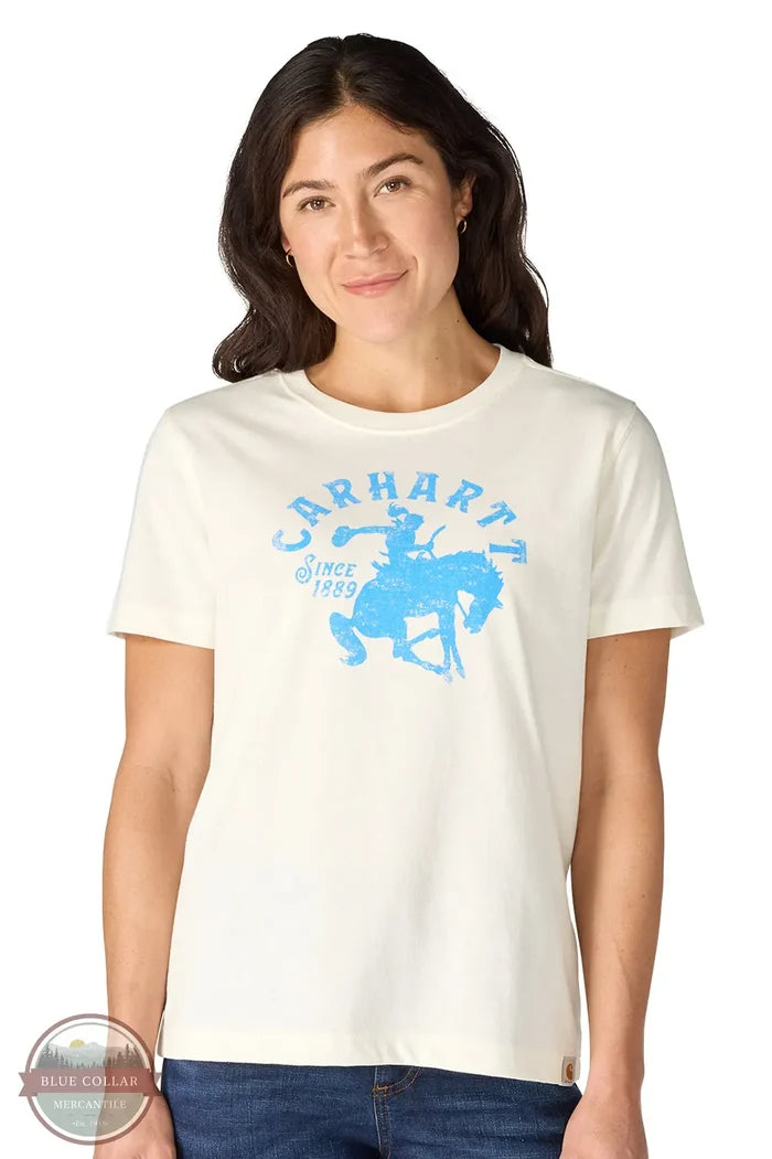 Carhartt 107385 Women's Irvine Horse T-Shirt | Relaxed Fit front of eggshell shirt on model