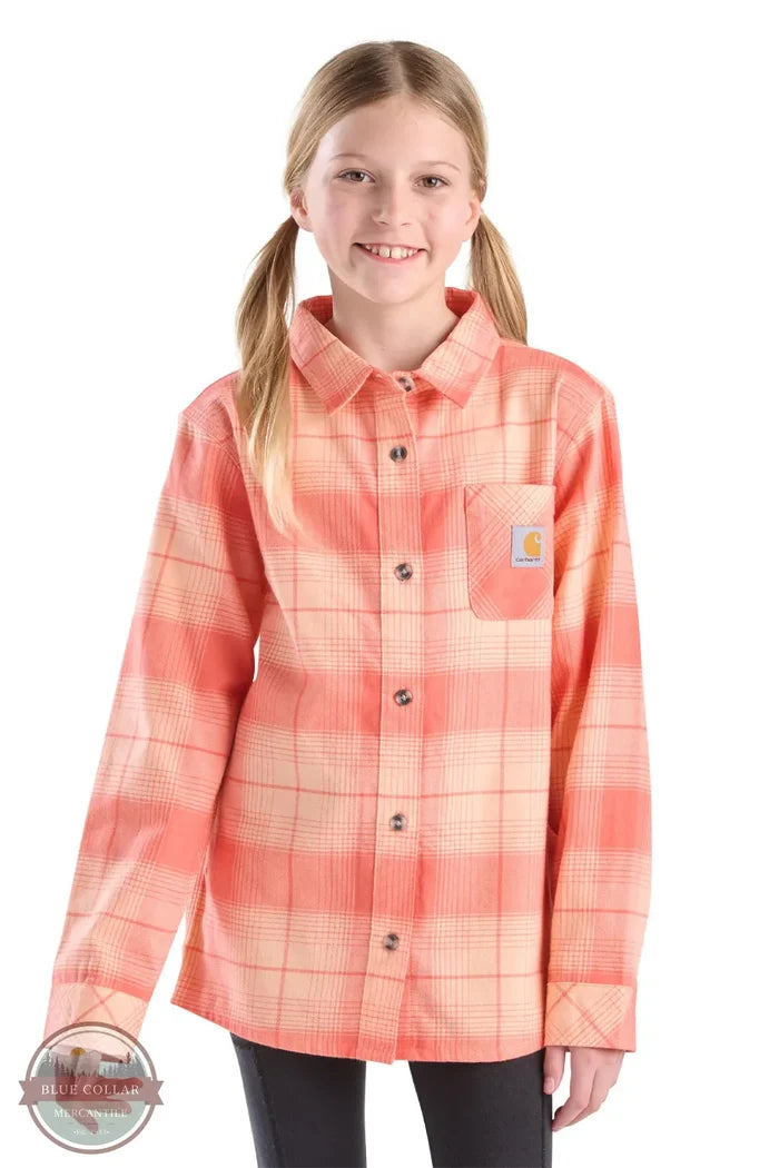 Carhartt CE9160 Girl's Long Sleeve Flannel Plaid Shirt in peach