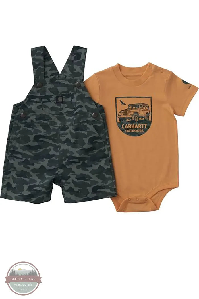 Carhartt CG8114-CR36 Short Sleeve Bodysuit and Canvas Camo Shortall Set front view