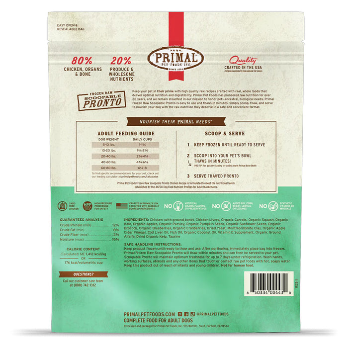 Chicken Pronto Frozen Raw for Dogs 4lb back of bag